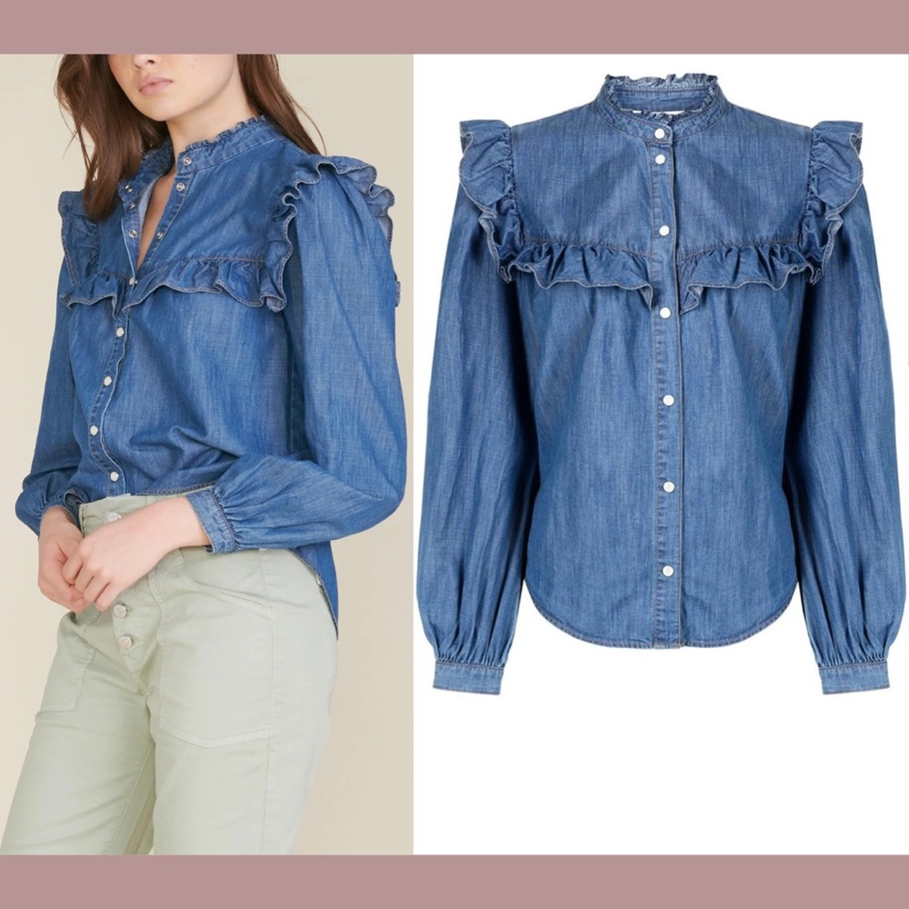 Veronica Bear Blouse denim Blue Puff Sleeve  Size S 100% Cotton
